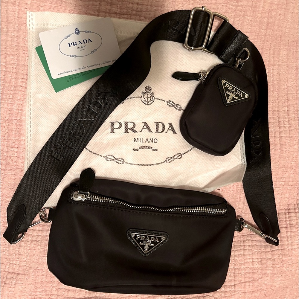 Black with silver details nylon crossbody / fanny bag.